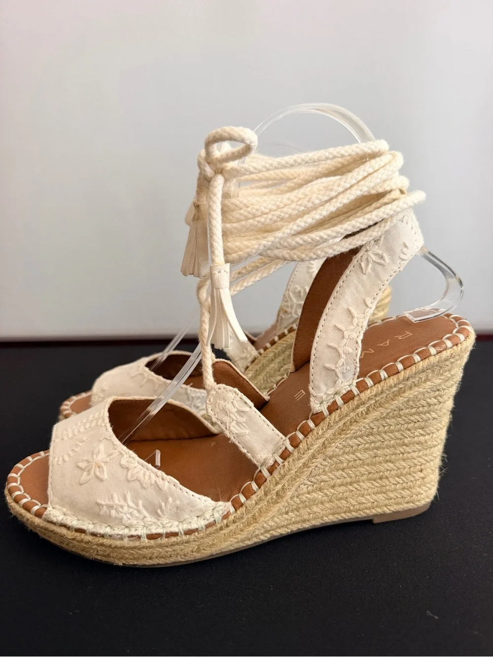 Rampage Cream Embroidered Lace-Up Espadrille Wedge Sandals